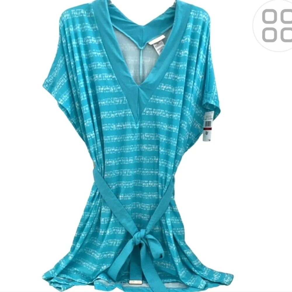 Michael Kors Kytoto Stripe V-Neck Belted Tunic Swim Cover-Up Blue Large NWT